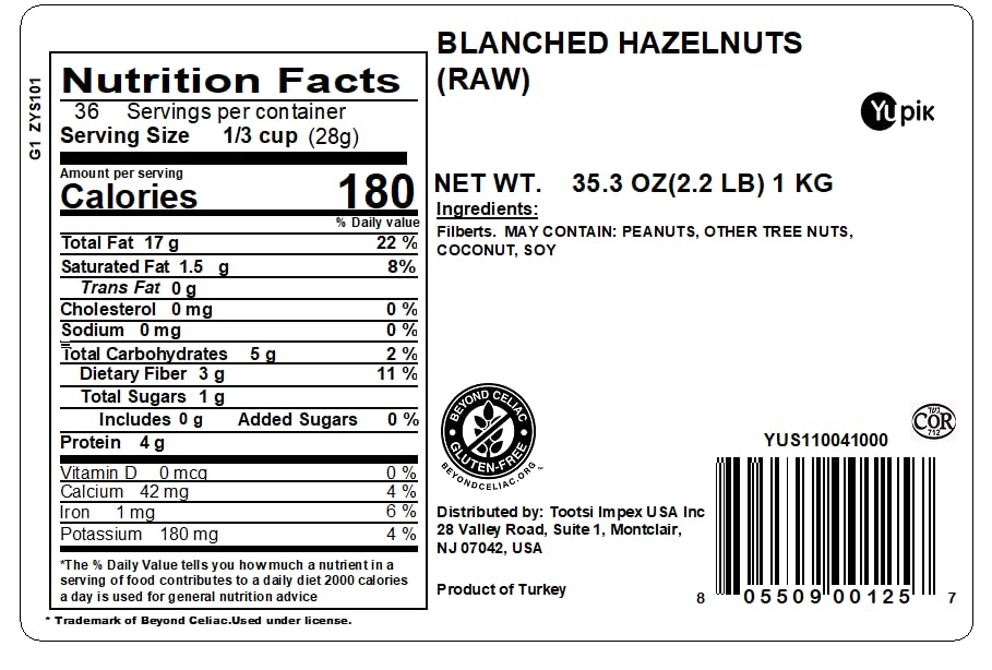 Yupik Blanched Hazelnuts, 2.2 lb (35.2 oz), Gluten-Free, Kosher, Vegan, Filberts, Raw Nuts